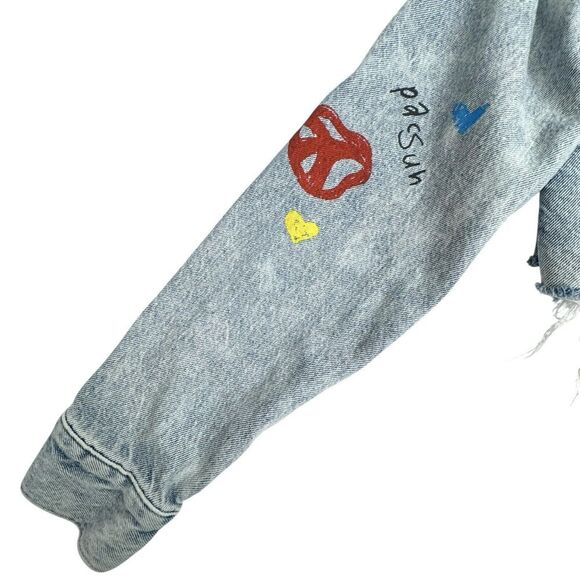 Pacsun Crop Denim Jacket Medium Graffiti Skater Distressed Painted Art Sun Peace - Picture 5 of 13